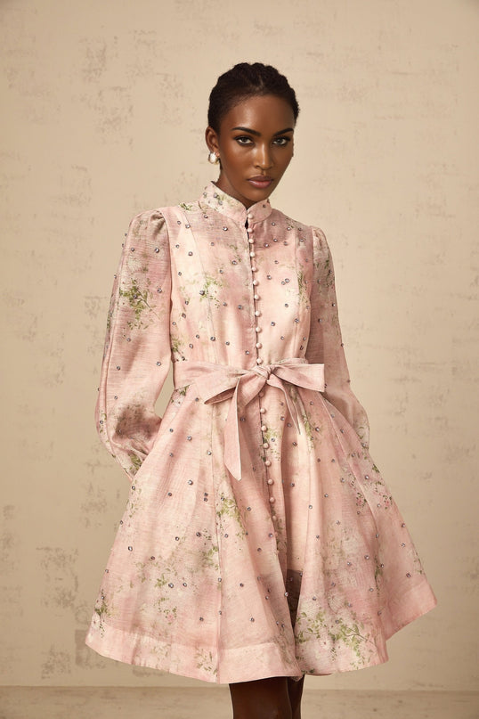 Narcisse pink embellished floralprint mini dress