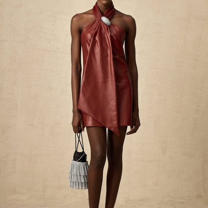 Natalia Burgundy Red Crystal Embellished Halterneck Mini Dress