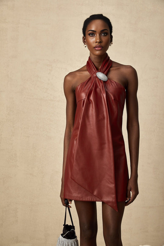 Natalia Burgundy Red Crystal Embellished Halterneck Mini Dress Sheepskin Ribbon Backless Detachable Brooch Thigh Length A-line Neck Button Rear Zip XS-XL