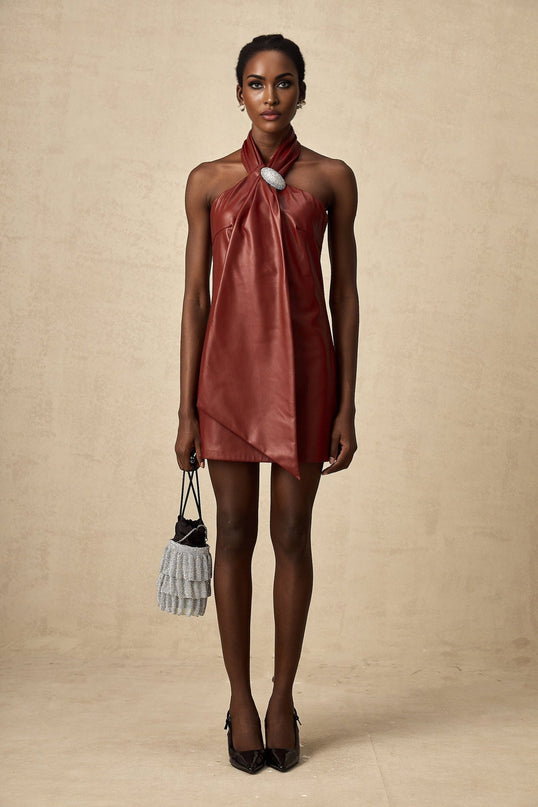 Natalia Crystal Embellished Burgundy Red Halterneck Mini Dress