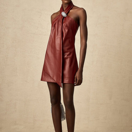 Natalia Crystal Embellished Halterneck Mini Dress in Burgundy Red Sheepskin Ribbon Backless A-line Thigh Length Detachable Brooch Shimmering Crystals Neck Button Rear Zip XS-XL