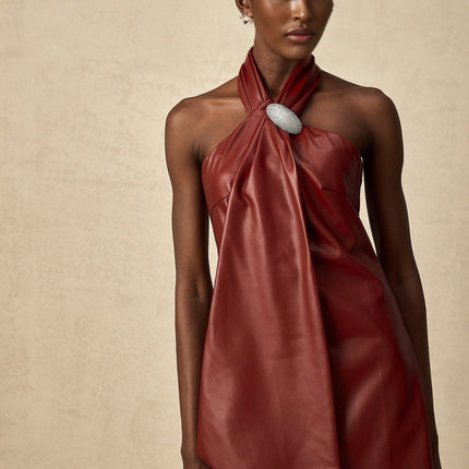 Natalia Crystal Embellished Halterneck Mini Dress in Burgundy Red Sheepskin Ribbon Design Backless A-line Thigh Length Detachable Brooch Shimmering Crystals Neck button Rear zip fastening XS-XL