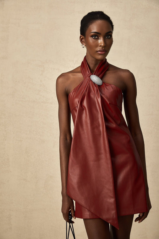 Natalia Crystal Embellished Halterneck Mini Dress in Burgundy Red Sheepskin Ribbon Design Backless A-line Thigh Length Detachable Brooch Shimmering Crystals Neck button Rear zip fastening XS-XL