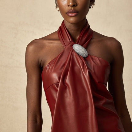 Natalia Crystal Embellished Halterneck Mini Dress in Burgundy Red Sheepskin Ribbon Backless design detachable brooch shimmering crystals A-line Thigh length Neck button Rear zip fastening XS-XL