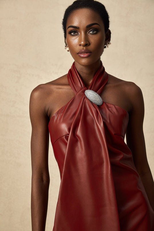 Natalia Crystal Embellished Halterneck Mini Dress in Burgundy Red Sheepskin Ribbon Backless design detachable brooch shimmering crystals A-line Thigh length Neck button Rear zip fastening XS-XL