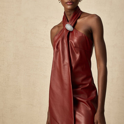 Natalia Crystal Embellished Halterneck Mini Dress in Burgundy Red Sheepskin Ribbon Design Backless silhouette Detachable Brooch A-line Thigh Length Neck Button Rear Zip Fastening XS-XL