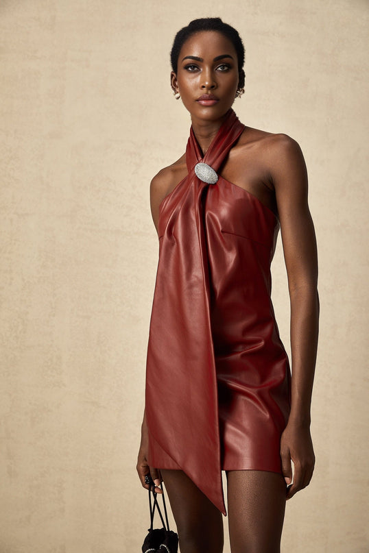 Natalia Crystal Embellished Halterneck Mini Dress in Burgundy Red Sheepskin Ribbon Design Backless silhouette Detachable Brooch A-line Thigh Length Neck Button Rear Zip Fastening XS-XL