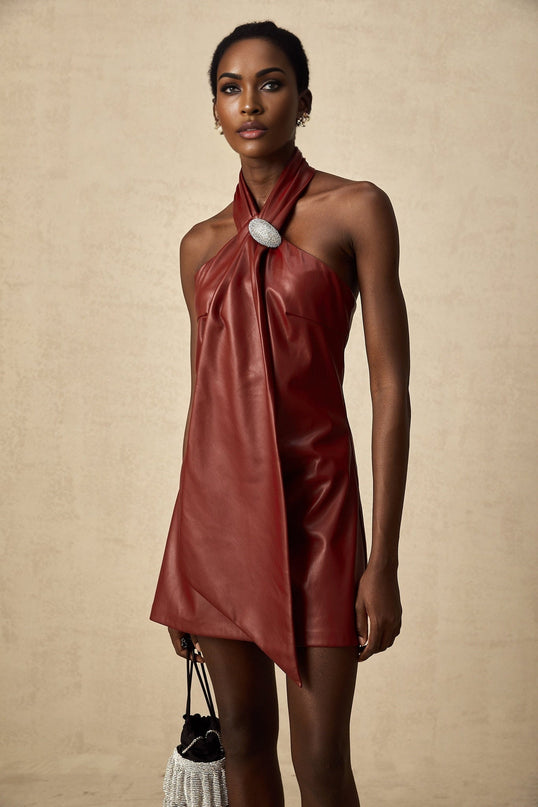 Natalia Crystal Embellished Halterneck Mini Dress in Burgundy Red Sheepskin Ribbon Design Backless Detachable Brooch Thigh Length A-line Neck Button Rear Zip XS-XL