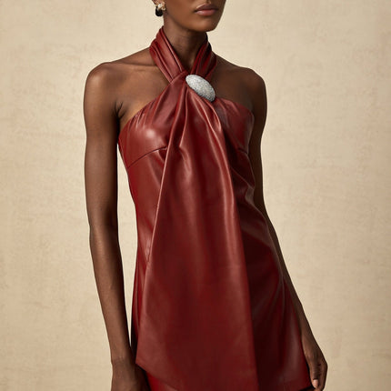 Natalia Crystal Embellished Halterneck Mini Dress in Burgundy Red Sheepskin Ribbon Design Backless A-line Thigh Length Detachable Brooch Shimmering Crystals Neck Button Rear Zip XS-XL