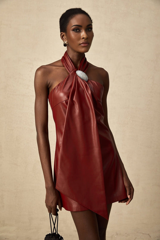 Natalia Crystal Embellished Halterneck Mini Dress in Burgundy Red Sheepskin Ribbon Design Backless A-line Thigh Length Detachable Brooch Shimmering Crystals Neck Button Rear Zip XS-XL