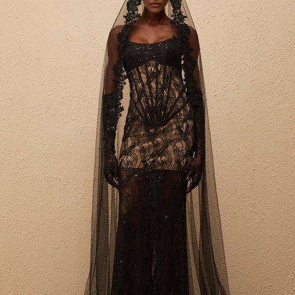 Natalia Maxi Dress Black Floral Lace Corset elegant formal gown boned bodice sequin embellishments off-the-shoulder design sleeveless cups bra mantilla veil Terylene Spandex special occasions