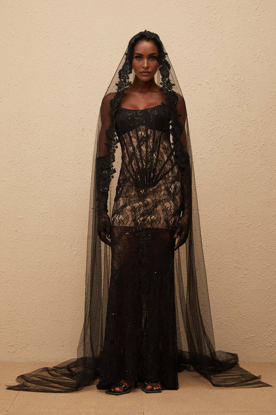Natalia Maxi Dress Black Floral Lace Corset elegant formal gown boned bodice sequin embellishments off-the-shoulder design sleeveless cups bra mantilla veil Terylene Spandex special occasions