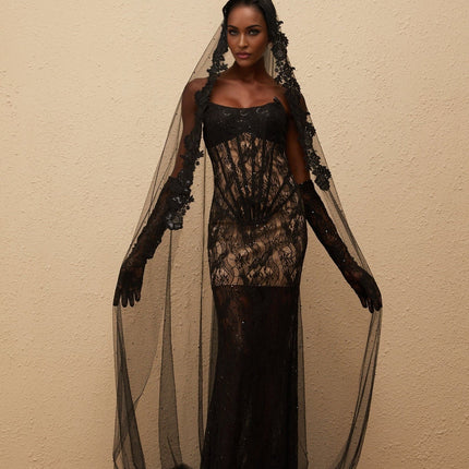 Natalia Maxi Dress Black Floral Lace Corset elegant gown with sequin embellishments off-the-shoulder design sleeveless cut built-in cups bra captivating mantilla veil exquisite creation special occasions