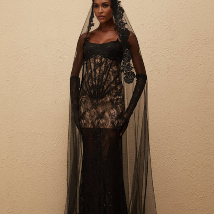 Natalia Maxi Dress Black Floral Lace Corset elegant sophisticated allure fitted boned bodice floral lace sequin embellishments off-the-shoulder sleeveless built-in cups bra mantilla veil maxi-length Terylene Spandex special occasions