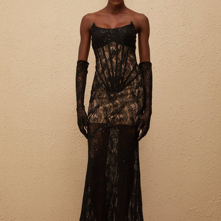 Natalia Maxi Dress Black Floral Lace Corset elegant sophisticated allure boned bodice floral lace sequin off-the-shoulder sleeveless cups bra mantilla veil maxi-length Terylene Spandex special occasions