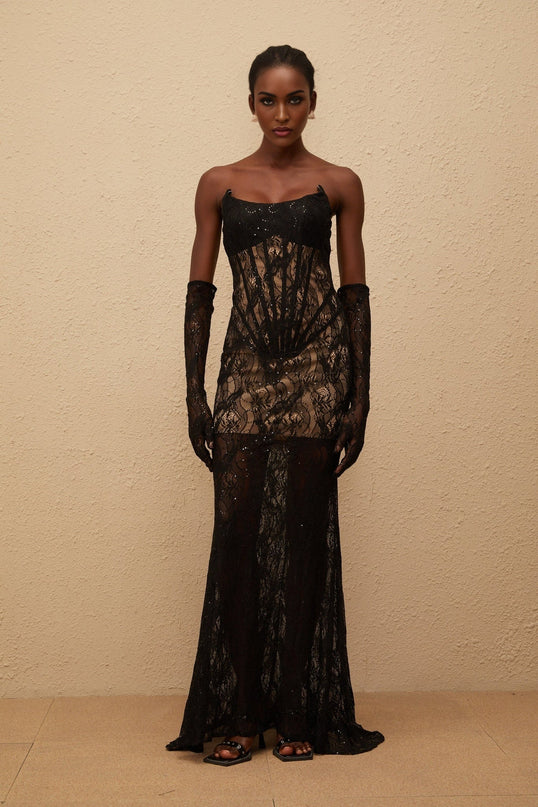 Natalia Maxi Dress Black Floral Lace Corset elegant sophisticated allure boned bodice floral lace sequin off-the-shoulder sleeveless cups bra mantilla veil maxi-length Terylene Spandex special occasions