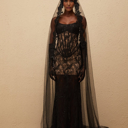 Natalia Maxi Dress Black Floral Lace Corset elegant sophisticated allure fitted boned bodice floral lace sequin embellishments off-the-shoulder sleeveless built-in cups bra mantilla veil maxi-length Terylene Spandex special occasions