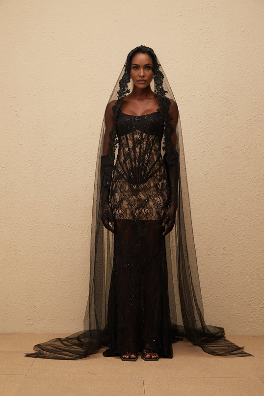 Natalia Maxi Dress Black Floral Lace Corset elegant sophisticated allure fitted boned bodice floral lace sequin embellishments off-the-shoulder sleeveless built-in cups bra mantilla veil maxi-length Terylene Spandex special occasions