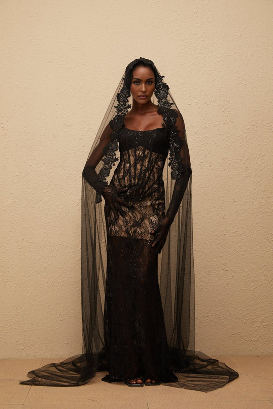 Natalia Maxi Dress Black Floral Lace Corset elegant gown boned bodice floral lace sequin embellishments off-the-shoulder design sleeveless built-in cups bra captivating mantilla veil maxi-length dress Terylene Spandex special occasions