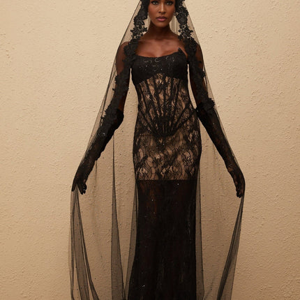 Natalia Maxi Dress Black Floral Lace Corset elegant sophisticated allure fitted waistline boned bodice floral lace sequin embellishments off-the-shoulder sleeveless built-in cups bra captivating mantilla veil maxi-length Terylene Spandex special occasions