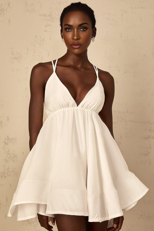 Natalia Mini Dress in White Shirred Flounce sleeveless V-neck asymmetrical hem Tencel Terylene self-tie cross-over straps slip-on thigh-length high-low silhouette