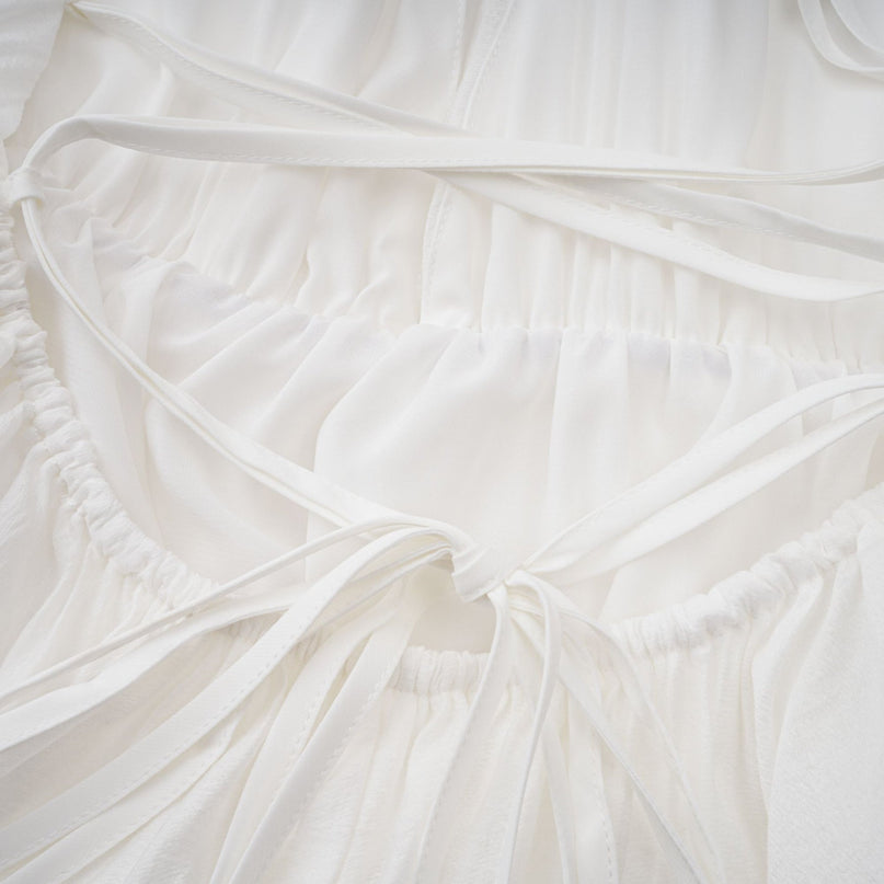 Natalia Mini Dress in White Shirred Flounce asymmetrical hem