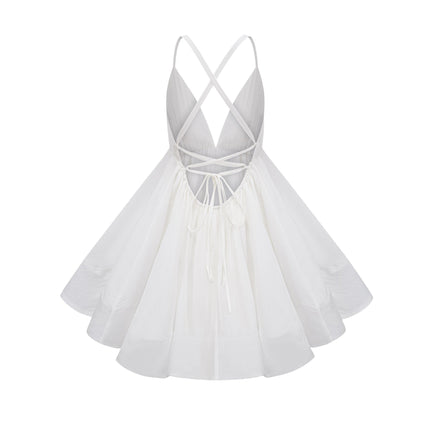 Natalia Mini Dress in White Shirred Flounce Sleeveless V-Neck Asymmetrical Hem