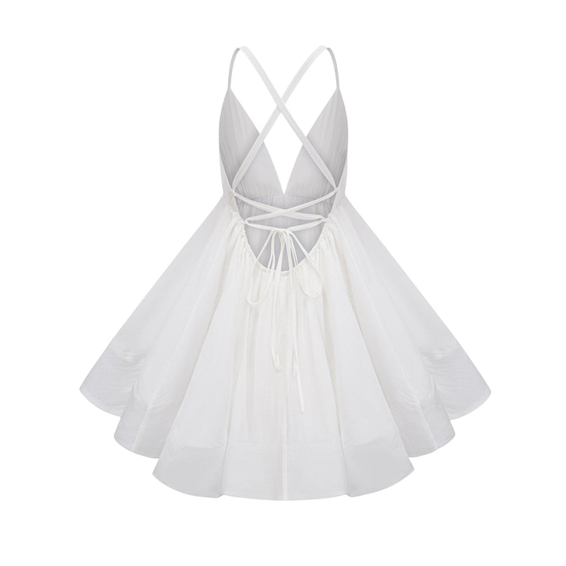 Natalia Mini Dress in White Shirred Flounce Sleeveless V-Neck Asymmetrical Hem
