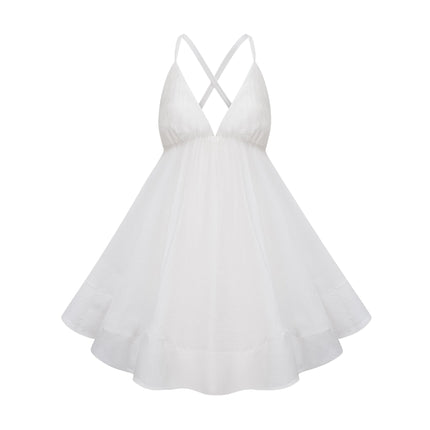 Natalia Mini Dress in White Shirred Flounce asymmetrical hem sleeveless self-tie cross-over straps