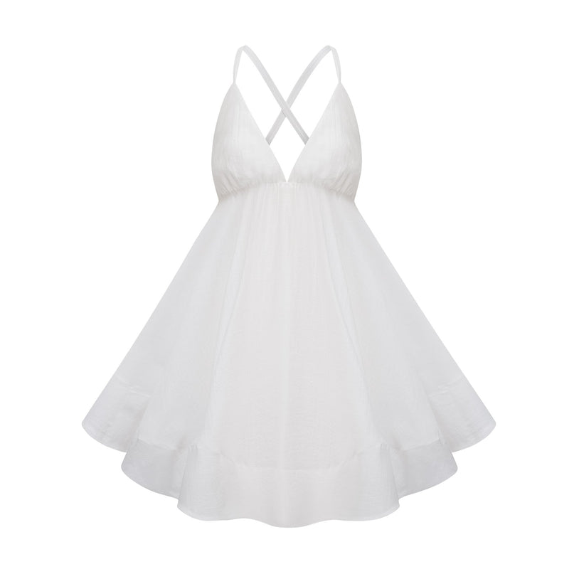 Natalia Mini Dress in White Shirred Flounce asymmetrical hem sleeveless self-tie cross-over straps