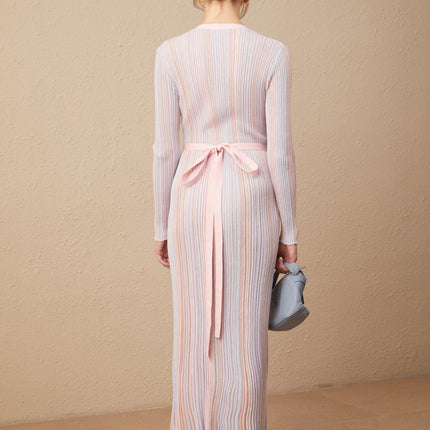 Natalia Pink Stripe Midi Dress V Neck Long Sleeves Knitted Pleat Detailing Vertical Stripe Pattern Wrap Design Straight Hem Polyester Elastane Blend