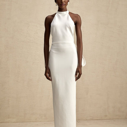 Natalia White Oversize-bow Maxi Dress in Polyester Spandex Blend with Rear Slit and Open Back Design