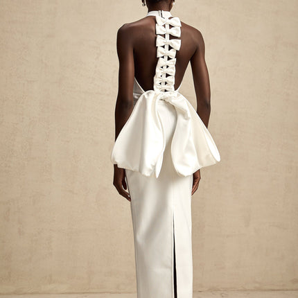 Natalia White Oversize-bow Maxi Dress with Rear Bowknot Detail in Polyester Spandex Blend