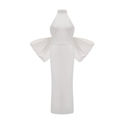 Natalia White Oversize-bow Maxi Dress with Rear Bowknot Detail crafted from 75% polyester and 25% spandex