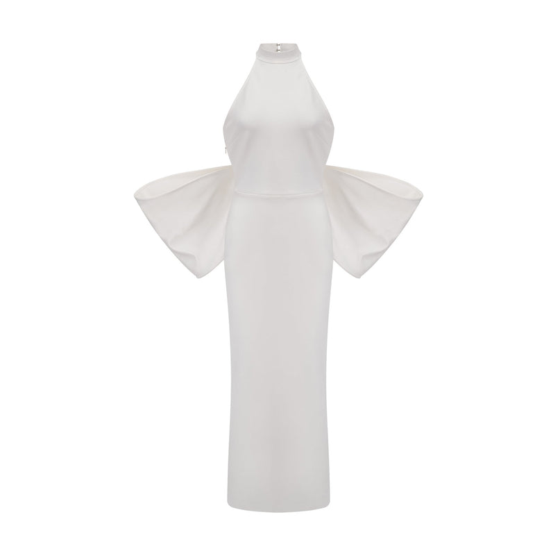 Natalia White Oversize-bow Maxi Dress with Rear Bowknot Detail crafted from 75% polyester and 25% spandex