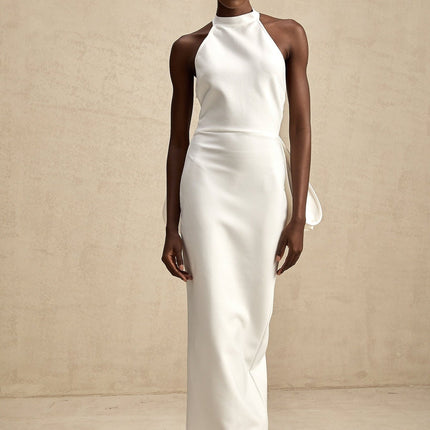 Natalia White Oversize-bow Maxi Dress with rear bowknot detail