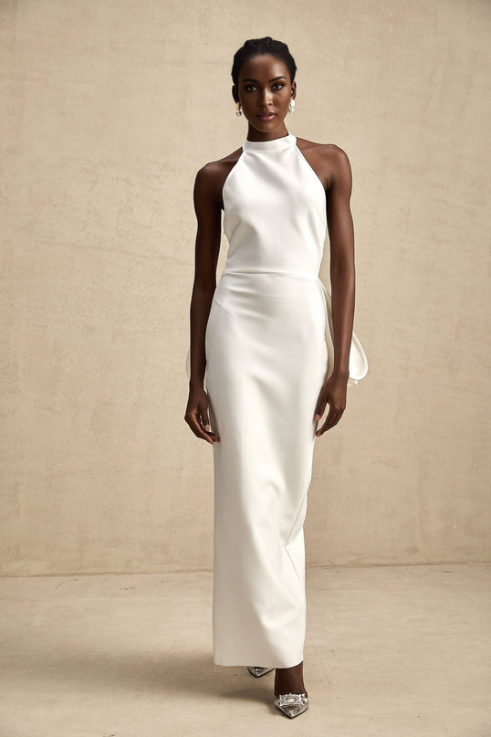 Natalia White Oversize-bow Maxi Dress with rear bowknot detail