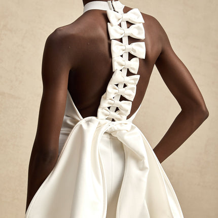 Natalia White Oversize-bow Maxi Dress in Polyester Spandex Blend with Rear Slit and Open Back Design