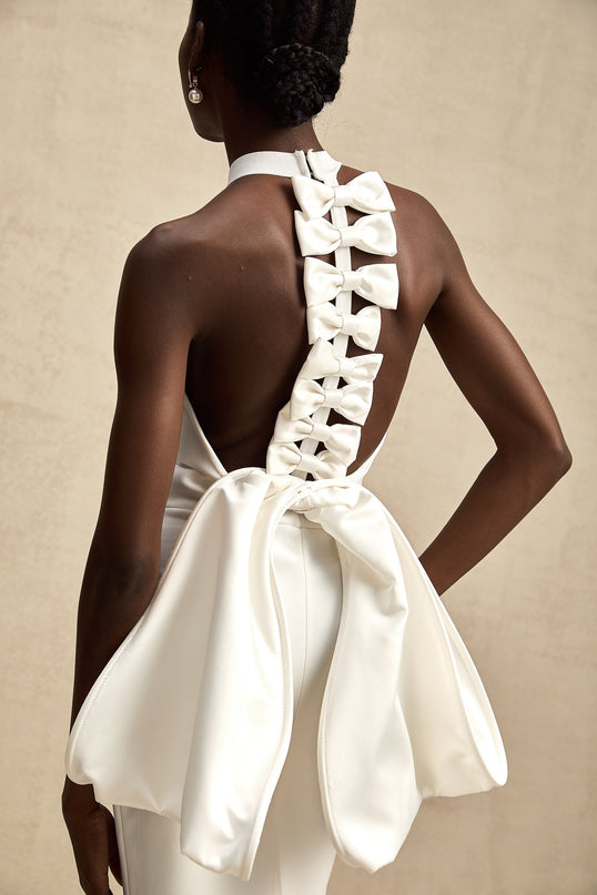 Natalia White Oversize-bow Maxi Dress in Polyester Spandex Blend with Rear Slit and Open Back Design