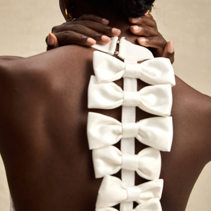 Natalia White Oversize-bow Maxi Dress with Rear Slit and Open Back Design