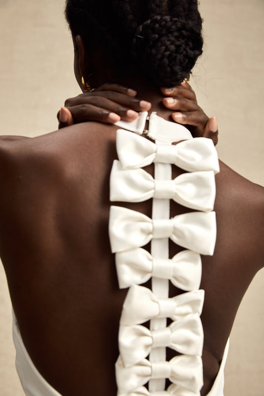 Natalia White Oversize-bow Maxi Dress with Rear Slit and Open Back Design