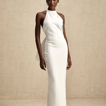 Natalia White Oversize-bow Maxi Dress in Polyester Spandex Blend with Rear Bowknot Detail and Open Back Design