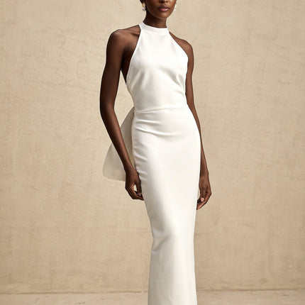 Natalia White Oversize-bow Maxi Dress in Polyester Spandex Blend with Rear Bowknot Detail and Open Back Design