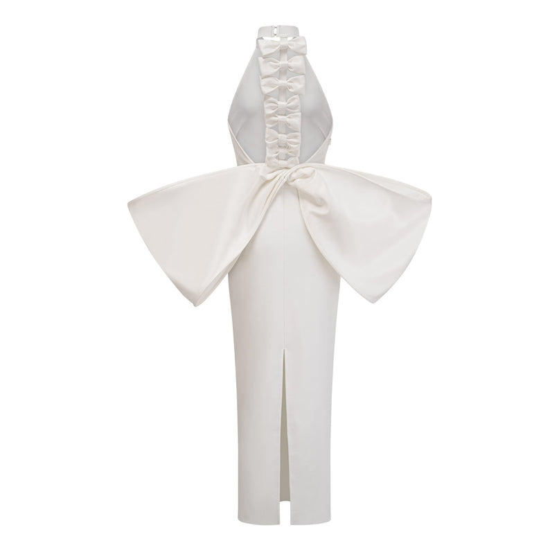 Natalia White Oversize-bow Maxi Dress with Rear Bowknot Detail crafted from 75% polyester and 25% spandex, featuring round neck, rear slit, size zip fastening, and open back design for effortless elegance and allure