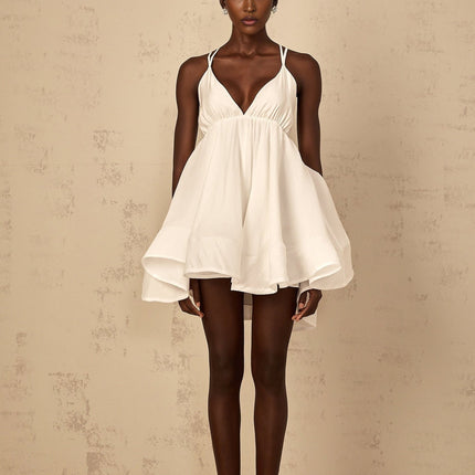 Natalia White Shirred Flounce Mini Dress Tencel Terylene Fiber Sleeveless Self-Tie Straps Thigh-Length High-Low Silhouette