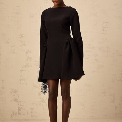 Natalie Black Long Sleeve Mini Dress with Bateau Neck and Ruched Detailing