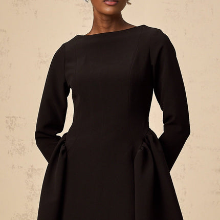 Natalie Black Long Sleeve Mini Dress with Bateau Neck and Ruched Detailing