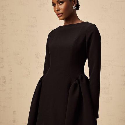 Natalie Black Long Sleeve Mini Dress with Bateau Neck and Ruched Detailing