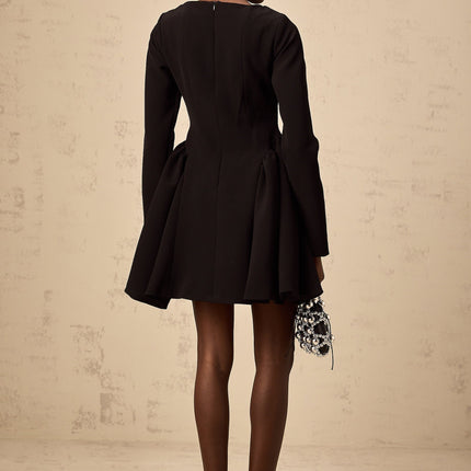 Natalie Black Long Sleeve Mini Dress with Bateau Neck and Ruched Detailing