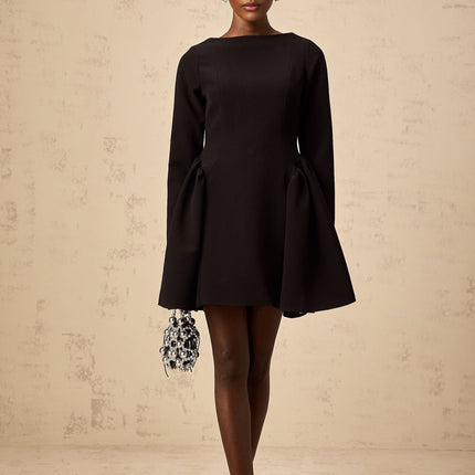 Natalie Black Long Sleeve Mini Dress with Bateau Neck and Ruched Detailing